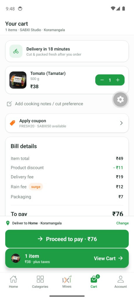 SABXI app cart — cut and packed fresh after you order