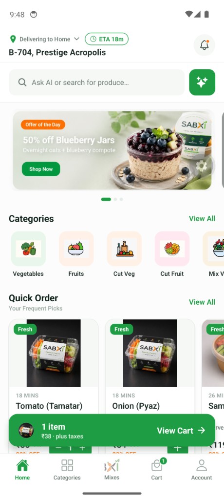 SABXI app home — deliver in 18 minutes