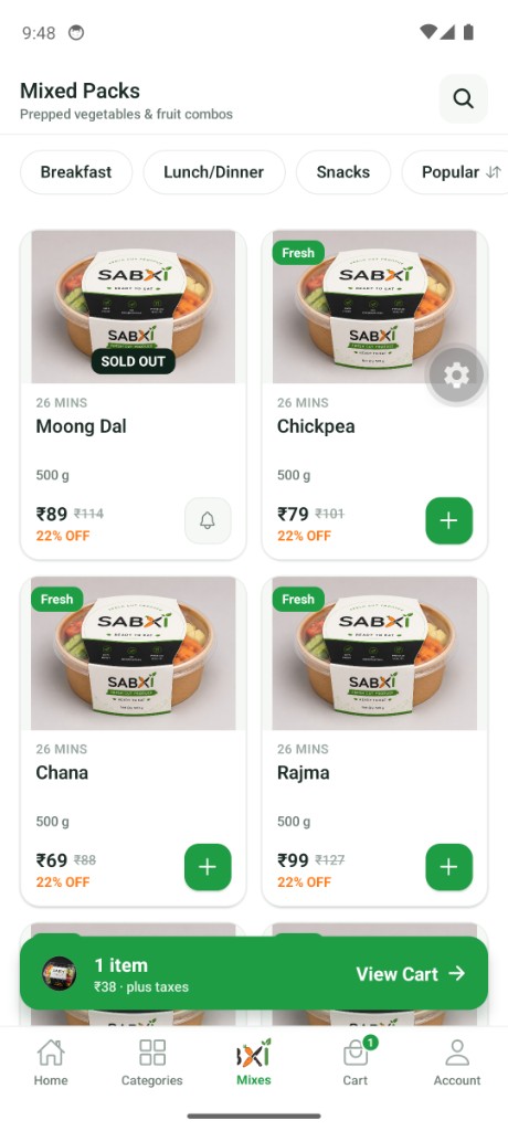 SABXI app Mixed Packs — prepped veg and fruit combos